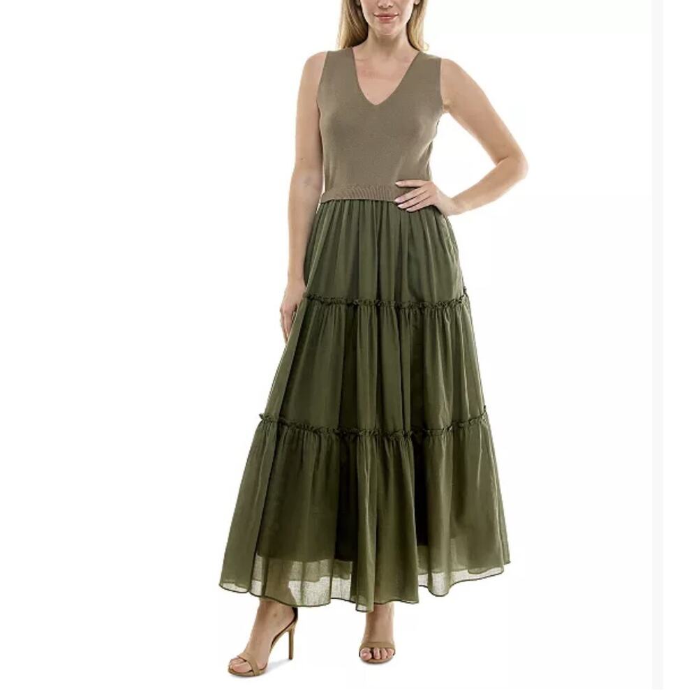 NWT $128 Taylor Light Olive Green Sleeveless Tiered Maxi Dress Women’s Size M